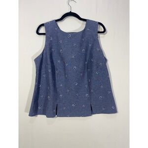 Vintage Cottagecore Fashion Bug Floral Button Back Tank Top Women 16W Blue